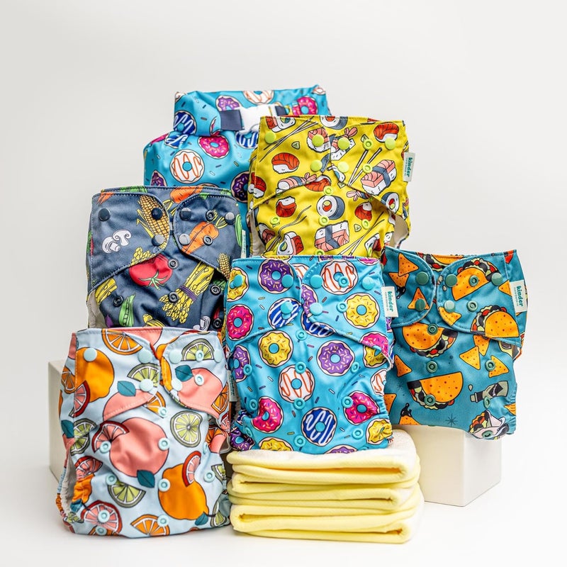 Kinder Cloth Diapers Set of 5 Reusable Baby Diapers Pocket Style Athletic Wicking Jersey, Bamboo Viscose Inserts, Wet Bag, Newborn to Potty Training 7-60lbs, One Size (Foodie) - Image 1